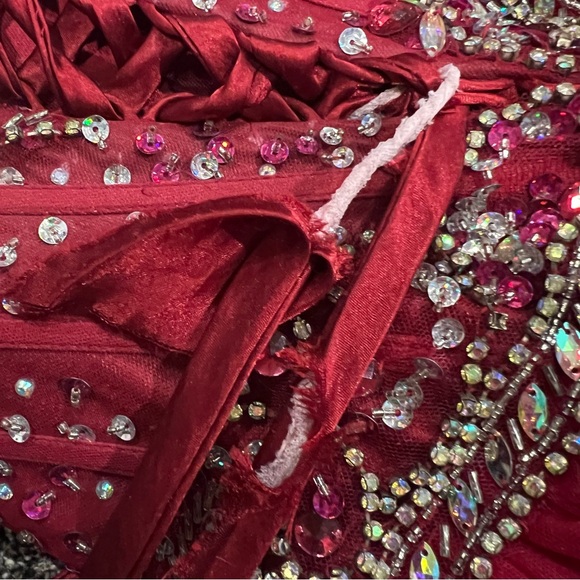 FIESTA GOWNS Red Sangria Strapless Gown with Embellished Bodice and Tulle Skirt - Picture 13 of 16